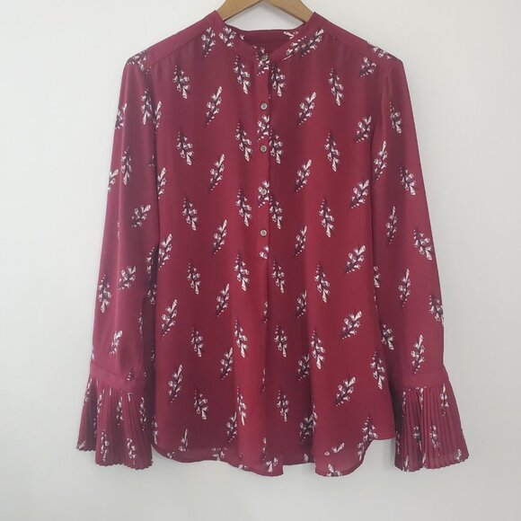 Ann Taylor Womens Burgundy Floral Popover Top Size L Peated Cuff Office Career - Picture 1 of 8